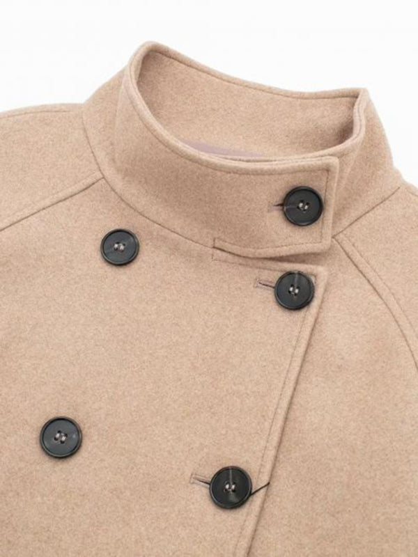 Jackets- Double Breasted Woolen Jacket | Stand Collar Crop Peacoat- Chuzko Women Clothing