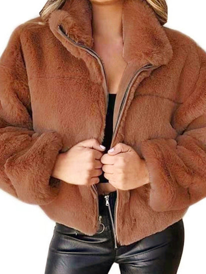 Jackets- Faux Fur Teddy Bear Crop Jacket | Plush Zip-Up Jacket- Chuzko Women Clothing