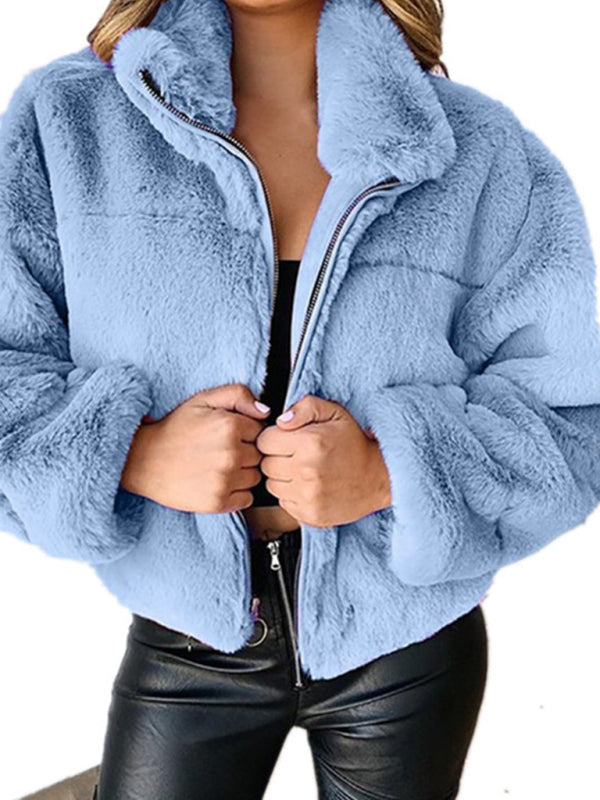 Jackets- Faux Fur Teddy Bear Crop Jacket | Plush Zip-Up Jacket- Chuzko Women Clothing