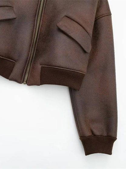 Jackets- Full Faux Fur Lined Flight Biker Jacket | Faux Leather Aviator- Chuzko Women Clothing