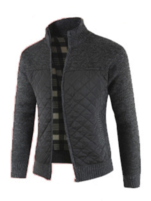 Jackets- Men's Plaid Lined Patchwork Knit Quilted Jacket- Chuzko Women Clothing