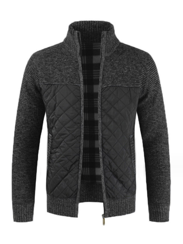 Jackets- Men's Plaid Lined Patchwork Knit Quilted Jacket- Chuzko Women Clothing