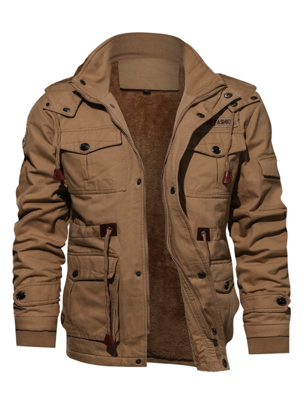 Jackets- Oversized Cotton Utility Jacket with Faux Fur Lining | Hooded Windbreaker for Men- Chuzko Women Clothing