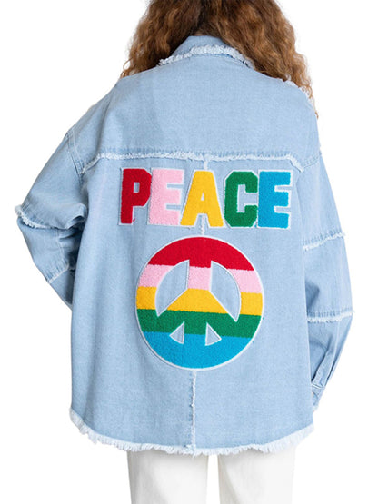 Jackets- Peace Theme Rainbow Shacket | Distressed Patchwork Denim Shirt Jacket- Chuzko Women Clothing
