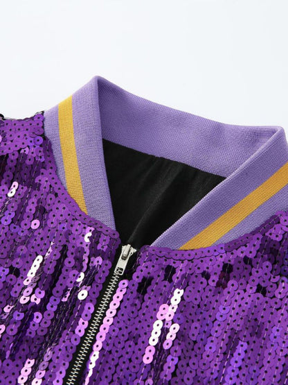 Jackets- Sparkling Sequined Baseball Zip-Up Sport Jacket- Chuzko Women Clothing