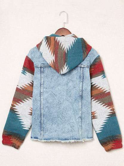 Jackets- Washed Denim Aztec Print Hooded Shacket | Distressed Denim Hoodie Jacket- Chuzko Women Clothing