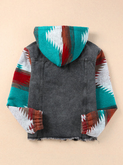 Jackets- Washed Denim Aztec Print Hooded Shacket | Distressed Denim Hoodie Jacket- Chuzko Women Clothing