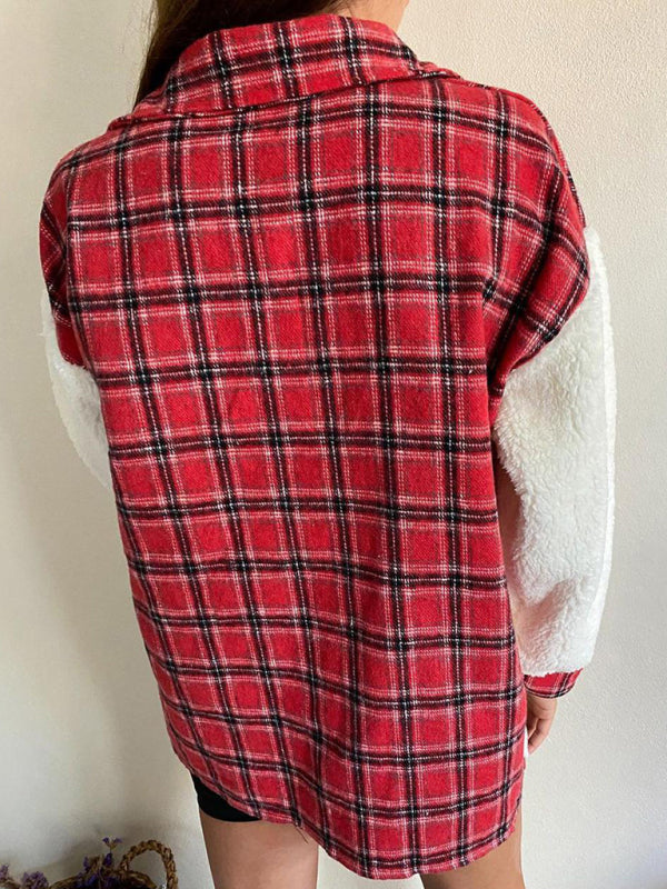 Jackets- Winter Plush Collared Shacket | Cozy Animal Print Patched Shirt Jacket- Chuzko Women Clothing