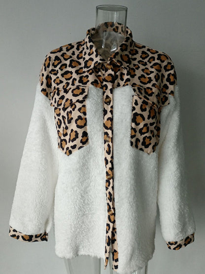 Jackets- Winter Plush Collared Shacket | Cozy Animal Print Patched Shirt Jacket- Chuzko Women Clothing