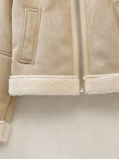 Jackets- Women's Aviator Jacket in Faux Lamb Wool & Suede Leather- Chuzko Women Clothing