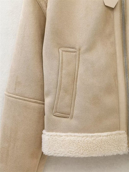 Jackets- Women's Aviator Jacket in Faux Lamb Wool & Suede Leather- Chuzko Women Clothing