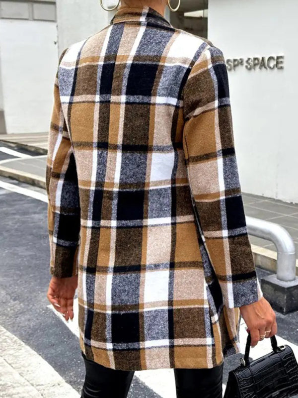 Jackets- Wool Longline Shacket - Fall Plaid Mid-Length Jacket- Chuzko Women Clothing