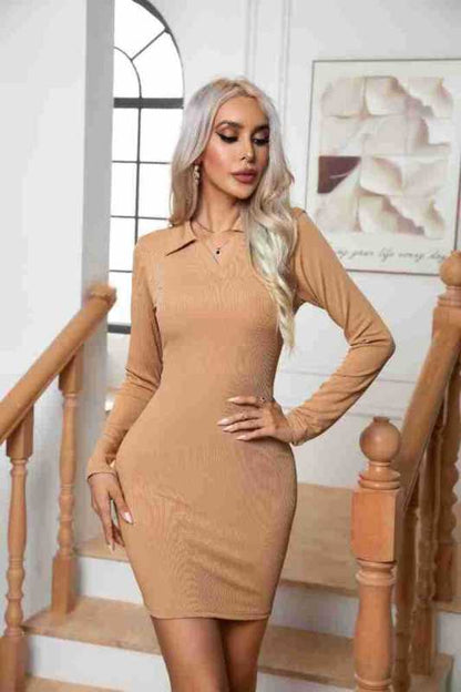 Basic Long Sleeve Rib Collared Bodycon Mini Dress Bodycon Dresses - Chuzko Women Clothing