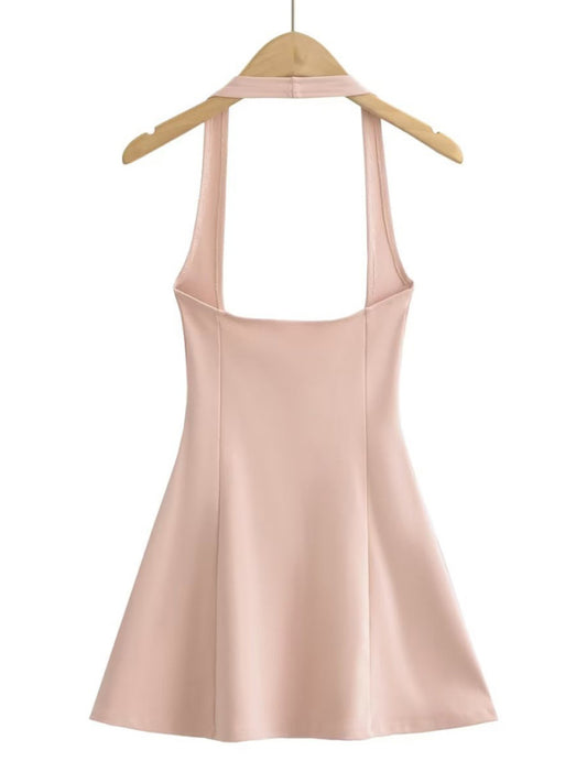 Jumper Dresses- Solid A-Line Button-Up Halter Jumper Dress in Cotton Blend- Pink- Chuzko Women Clothing