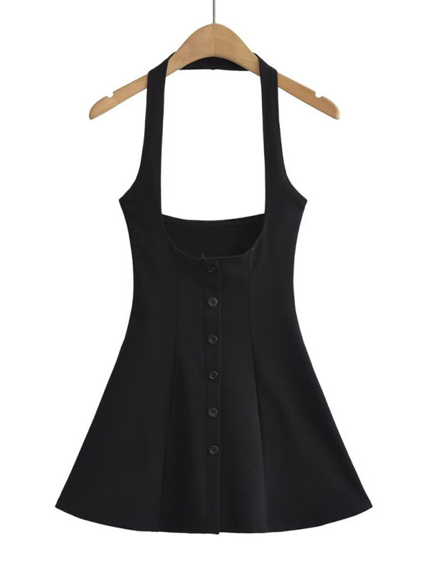 Jumper Dresses- Solid A-Line Button-Up Halter Jumper Dress in Cotton Blend- Black- Chuzko Women Clothing