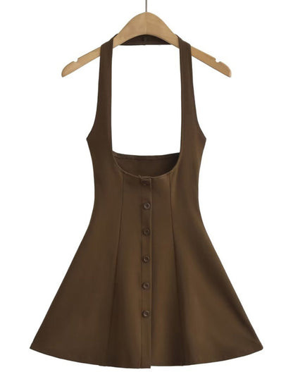 Jumper Dresses- Solid A-Line Button-Up Halter Jumper Dress in Cotton Blend- Dark Brown- Chuzko Women Clothing
