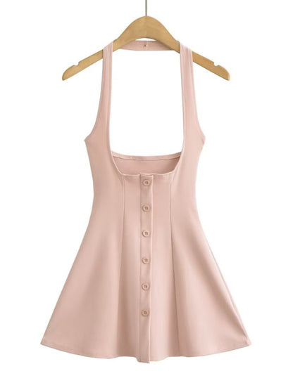 Jumper Dresses- Solid A-Line Button-Up Halter Jumper Dress in Cotton Blend- - Chuzko Women Clothing