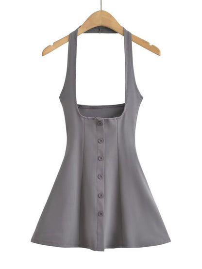 Jumper Dresses- Solid A-Line Button-Up Halter Jumper Dress in Cotton Blend- Grey- Chuzko Women Clothing