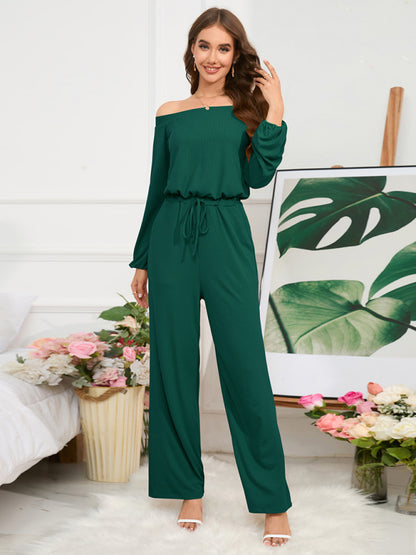 Casual Solid Ribbed Off Shoulder Long Sleeve Jumpsuit - Pantsuit Jumpstuis - Chuzko Women Clothing