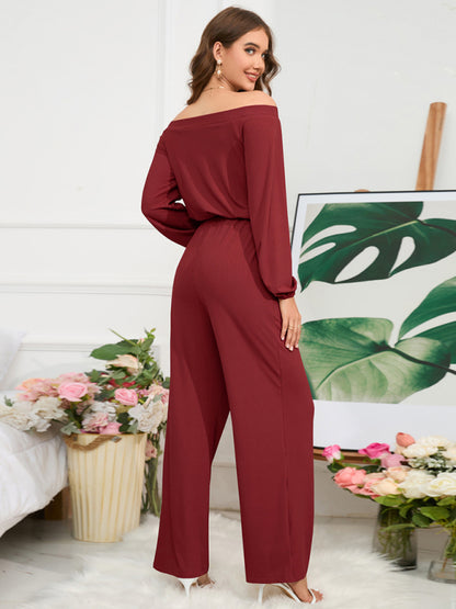Casual Solid Ribbed Off Shoulder Long Sleeve Jumpsuit - Pantsuit Jumpstuis - Chuzko Women Clothing
