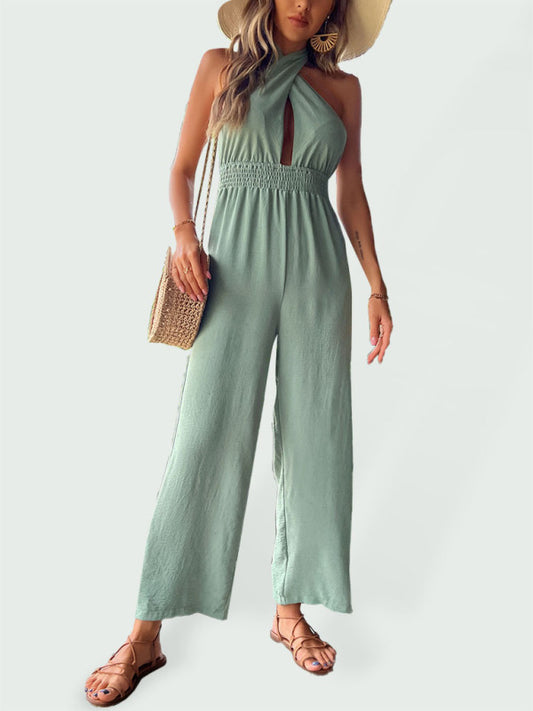 Chic and Comfortable Solid Color Jumpsuit with Halter Neckline Jumpsuit - Chuzko Women Clothing