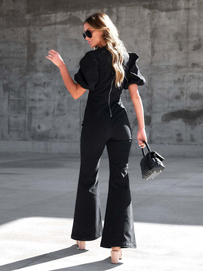 Denim Slim Puff Sleeve Twist Waist Jumpsuit - Pantsuits Jumpsuit - Chuzko Women Clothing