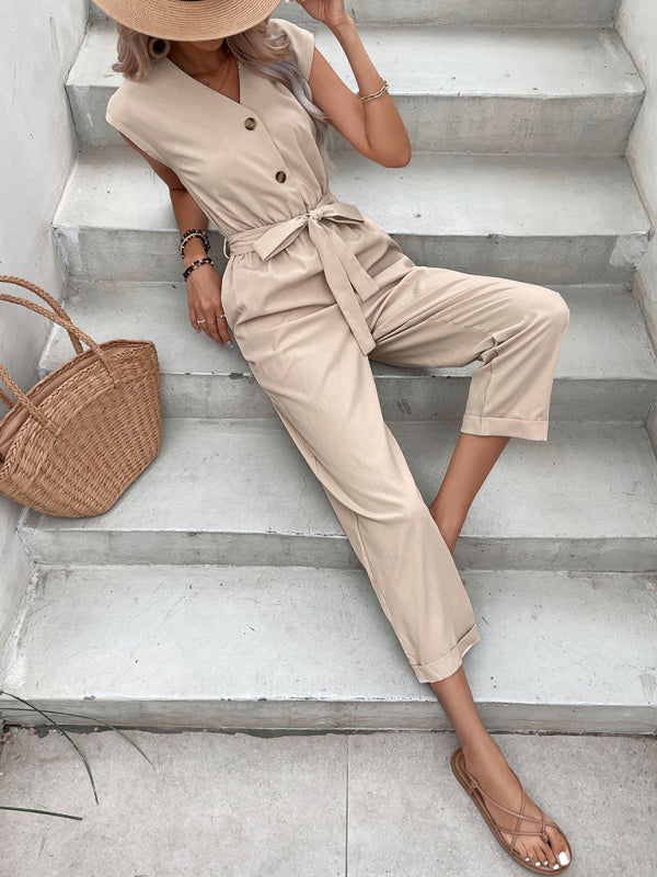 Lounge in Style: Belted Buttoned Women's Jumpsuit Jumpsuit - Chuzko Women Clothing