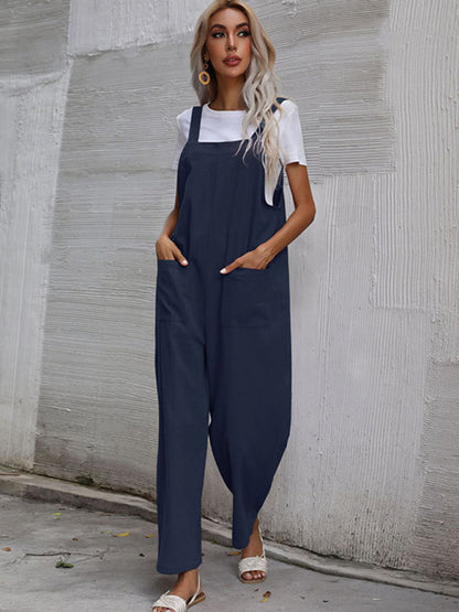 Solid Loose Bib Overalls - Flowy Harem Pantsuits Jumpsuit - Chuzko Women Clothing