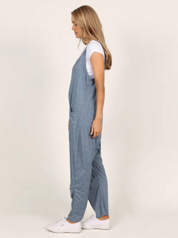 Oversized two-pocket fit Pantsuit jumpsuit blue Jumpsuit - Chuzko Women Clothing