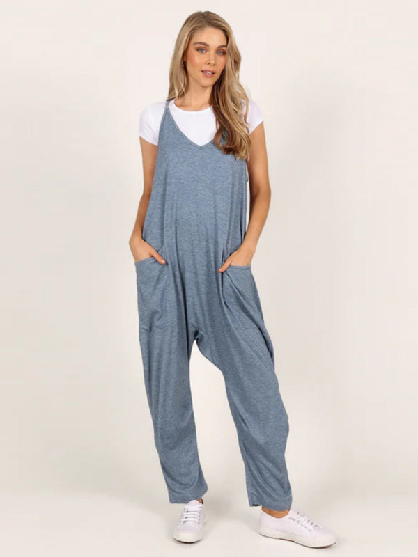 Oversized two-pocket fit Pantsuit jumpsuit blue Jumpsuit - Chuzko Women Clothing