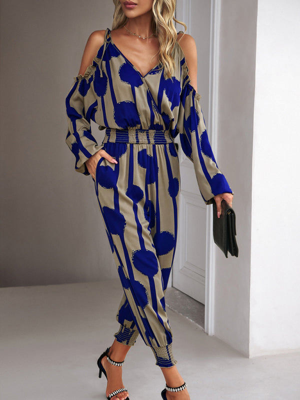 Abstract Print Cold Shoulders Long Sleeve Jumpsuit Pantsuit Jumpsuits - Chuzko Women Clothing