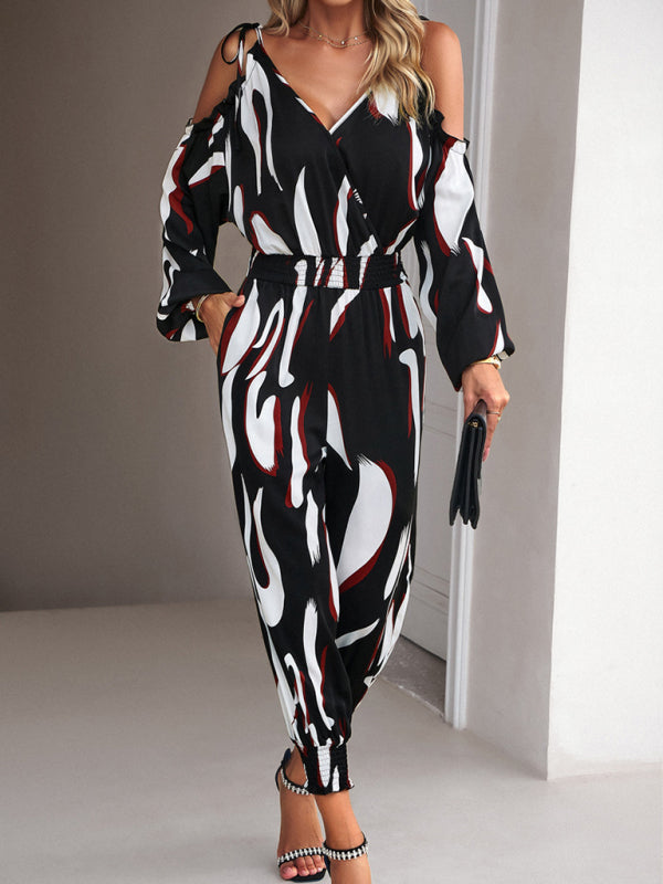 Abstract Print Cold Shoulders Long Sleeve Jumpsuit Pantsuit Jumpsuits - Chuzko Women Clothing