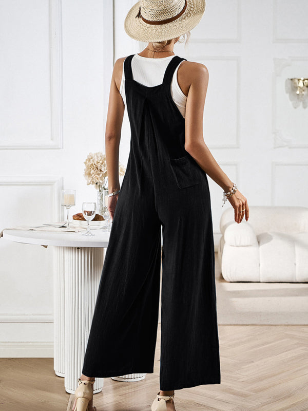 Cotton-Linen Pocketed Jumpsuit - Wide Leg Overalls Pantsuits Jumpsuits - Chuzko Women Clothing