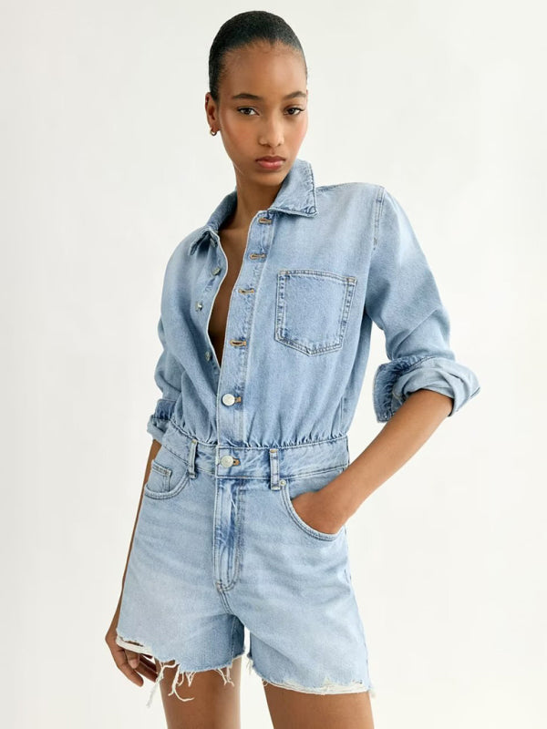 Jumpsuits- Cotton Washed Denim Long-Sleeve Collared Jumpsuit Romper- Chuzko Women Clothing