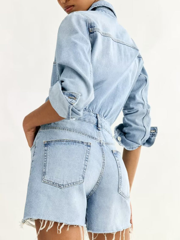 Jumpsuits- Cotton Washed Denim Long-Sleeve Collared Jumpsuit Romper- Chuzko Women Clothing