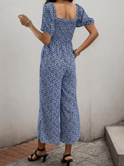 Floral Print Jumpsuit - Women's Square Neck Wide-Leg Playsuit with Smocked Bodice