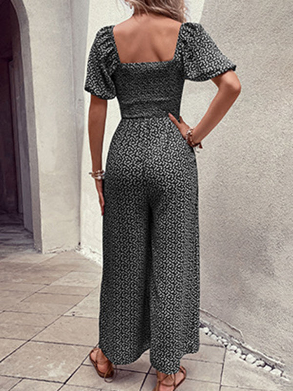 Floral Print Jumpsuit - Women's Square Neck Wide-Leg Playsuit with Smocked Bodice