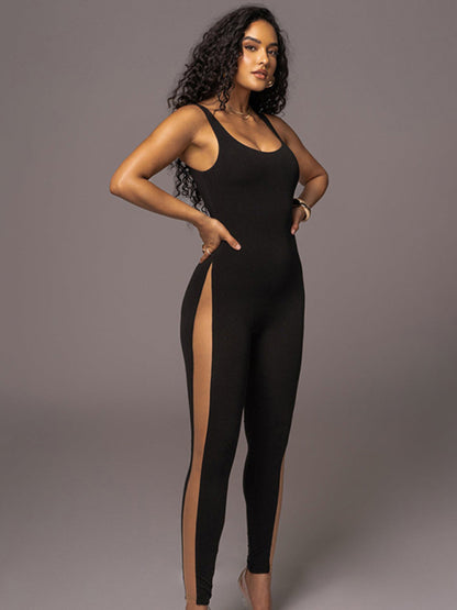 Full-Length Mesh Accented Jumpsuit - Solid Sleeveless Playsuit