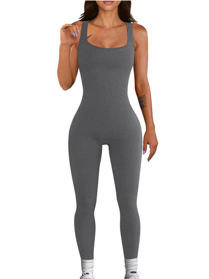 Full-Length Sport Playsuit in Solid Ribbed - Sleeveless Tight Jumpsuit