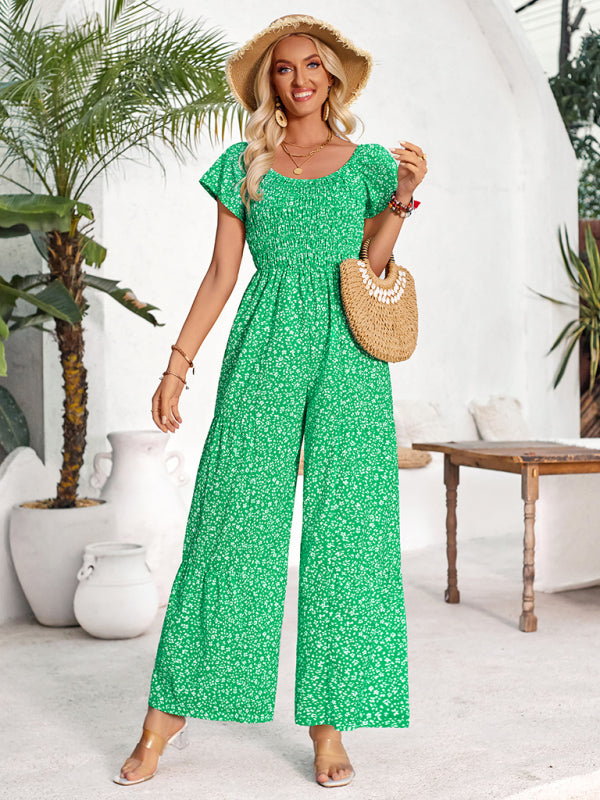 Jumpsuits- Full-Length Wide-Leg Playsuit - Ditsy Floral Print & Smocked Bodice Jumpsuit- - Chuzko Women Clothing