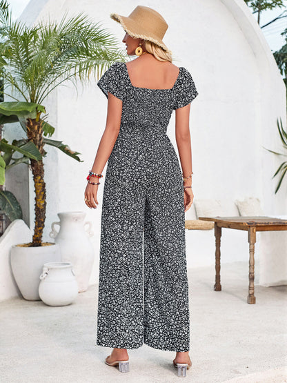 Jumpsuits- Full-Length Wide-Leg Playsuit - Ditsy Floral Print & Smocked Bodice Jumpsuit- - Chuzko Women Clothing