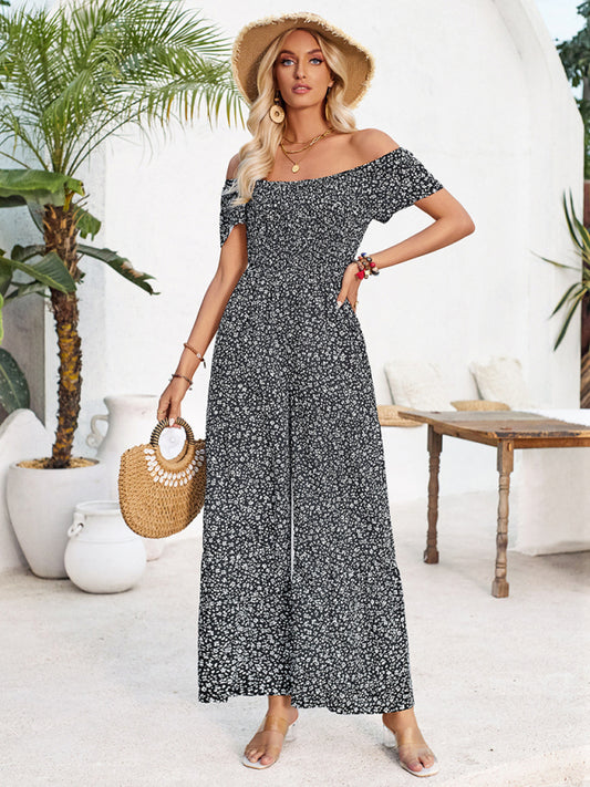 Jumpsuits- Full-Length Wide-Leg Playsuit - Ditsy Floral Print & Smocked Bodice Jumpsuit- Black- Chuzko Women Clothing