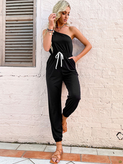 Jumpsuits- One Shoulder Jumpsuit with Gathered Waist & Pockets - Full-Length Playsuit- Chuzko Women Clothing