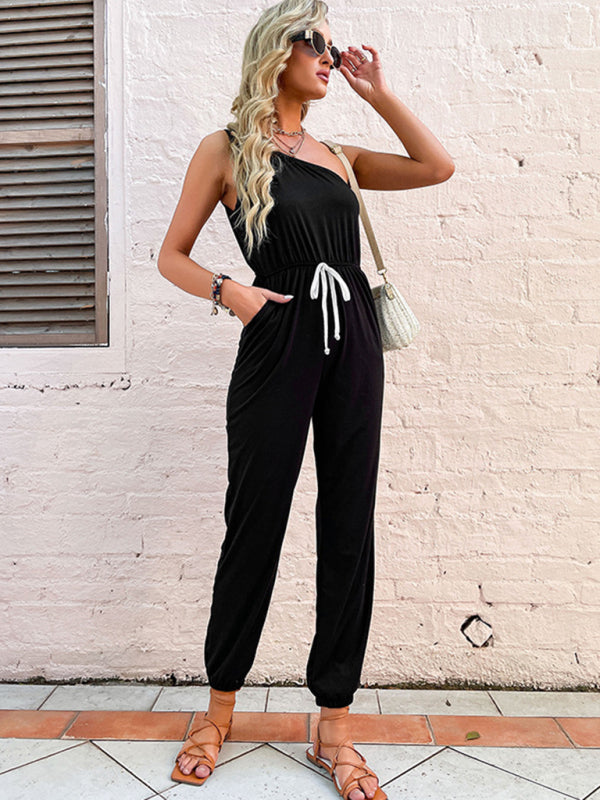 Jumpsuits- One Shoulder Jumpsuit with Gathered Waist & Pockets - Full-Length Playsuit- Chuzko Women Clothing