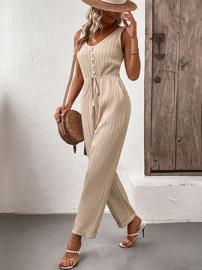 Ribbed Romper: Button Down Front & Drawstring Waist Women's Jumpsuit Jumpsuits - Chuzko Women Clothing