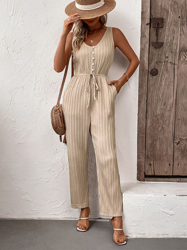 Ribbed Romper: Button Down Front & Drawstring Waist Women's Jumpsuit Jumpsuits - Chuzko Women Clothing