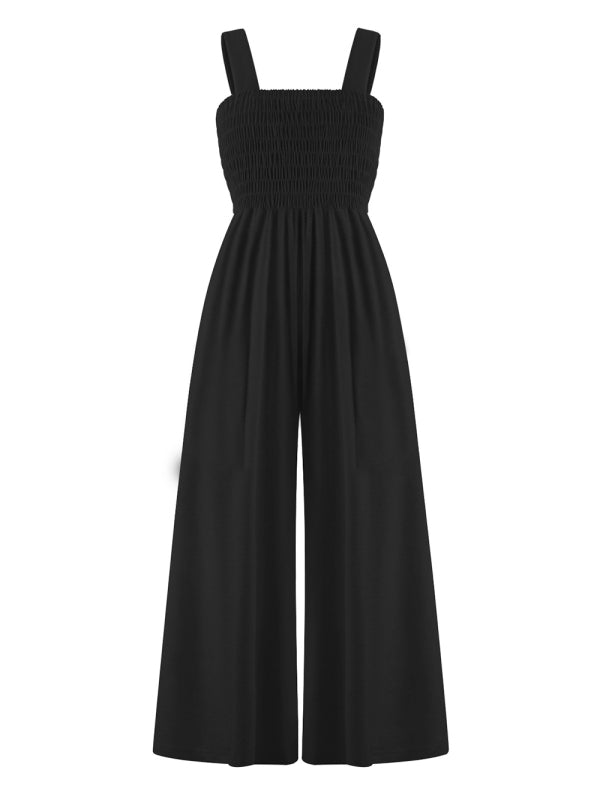 Smocked Bodice Playsuit - Solid Wide-Leg Jumpsuit