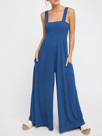 Smocked Bodice Playsuit - Solid Wide-Leg Jumpsuit