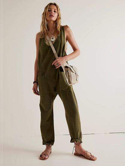 Solid Cotton Bib Overalls for Adventures Jumpsuits - Chuzko Women Clothing