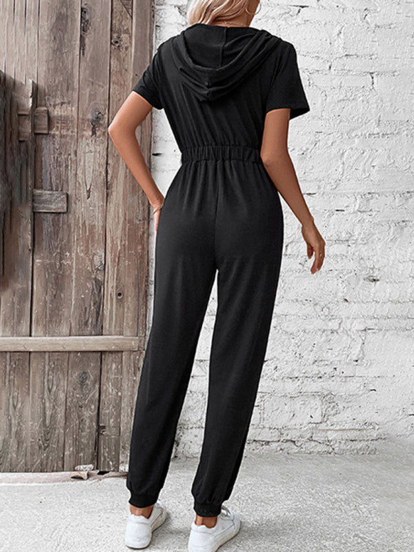 Solid Hooded Jumpsuit with Zip-Up Front and Smocked Waist